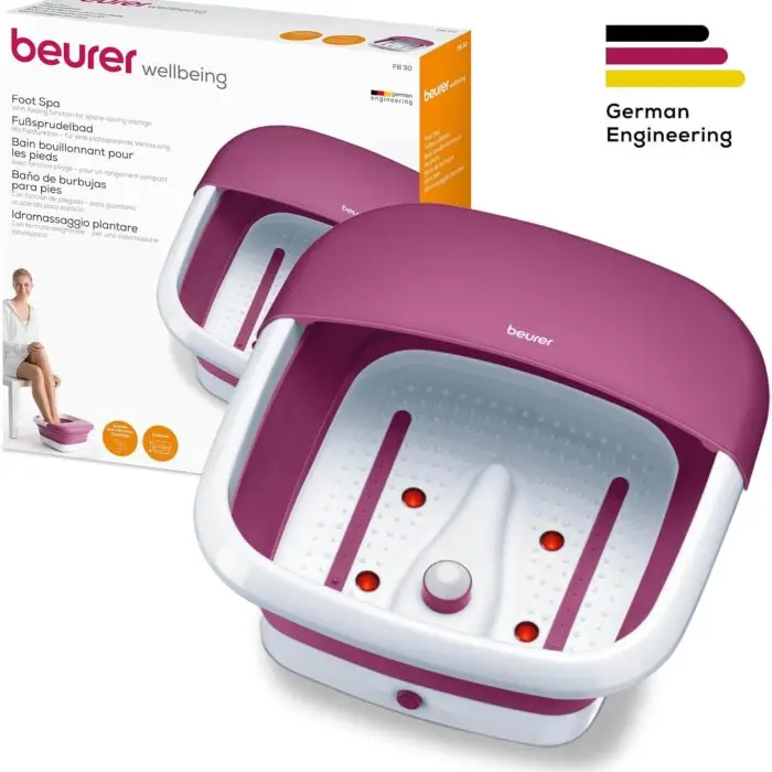 Beurer FB 30 – Bain de pieds pliable avec chauffage, massage par vibrations et bulles, points infrarouges et station de pédicure intégrée