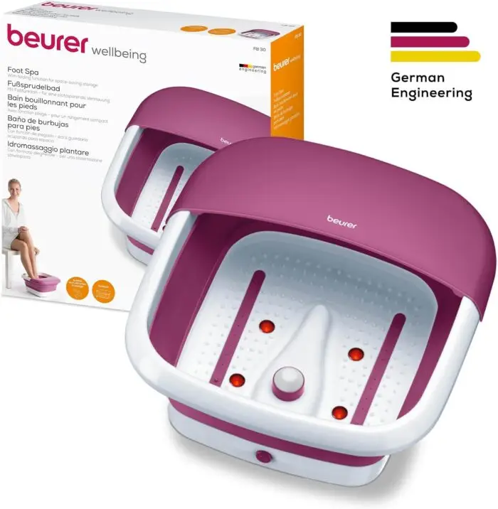 Beurer FB 30 – Bain de pieds pliable avec chauffage, massage par vibrations et bulles, points infrarouges et station de pédicure intégrée