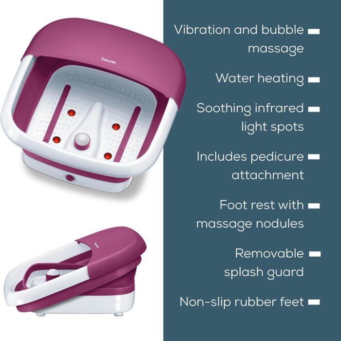Beurer FB 30 – Bain de pieds pliable avec chauffage, massage par vibrations et bulles, points infrarouges et station de pédicure intégrée