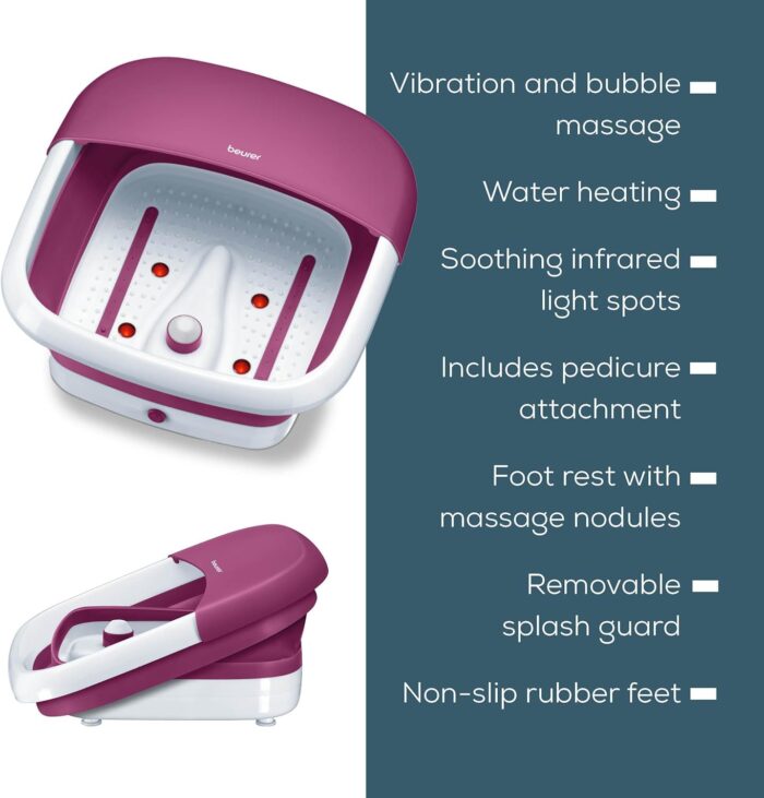 Beurer FB 30 – Bain de pieds pliable avec chauffage, massage par vibrations et bulles, points infrarouges et station de pédicure intégrée